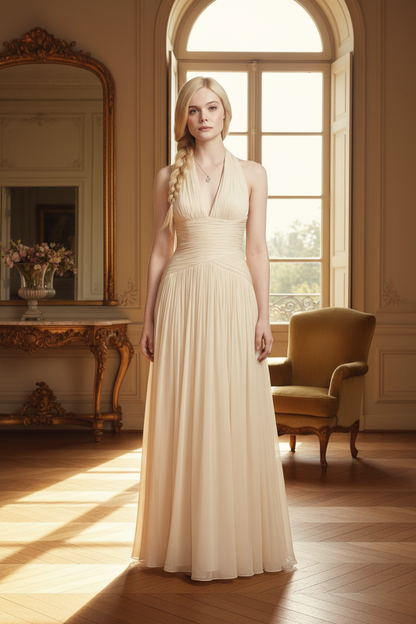 A blonde model wearing a floor-length cream halter gown with a ruched bodice and flowing tulle skirt, standing against a plain cream studio background.