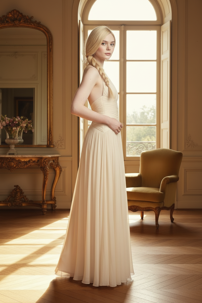 A woman stands in a sunlit classical room wearing a floor-length cream gown with a halter neckline and gathered waist. The room has warm wood floors, a large mirror, a gold-framed window, and a yellow upholstered armchair.