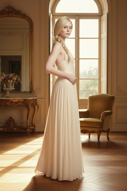 A woman stands in a sunlit classical room wearing a floor-length cream gown with a halter neckline and gathered waist. The room has warm wood floors, a large mirror, a gold-framed window, and a yellow upholstered armchair.