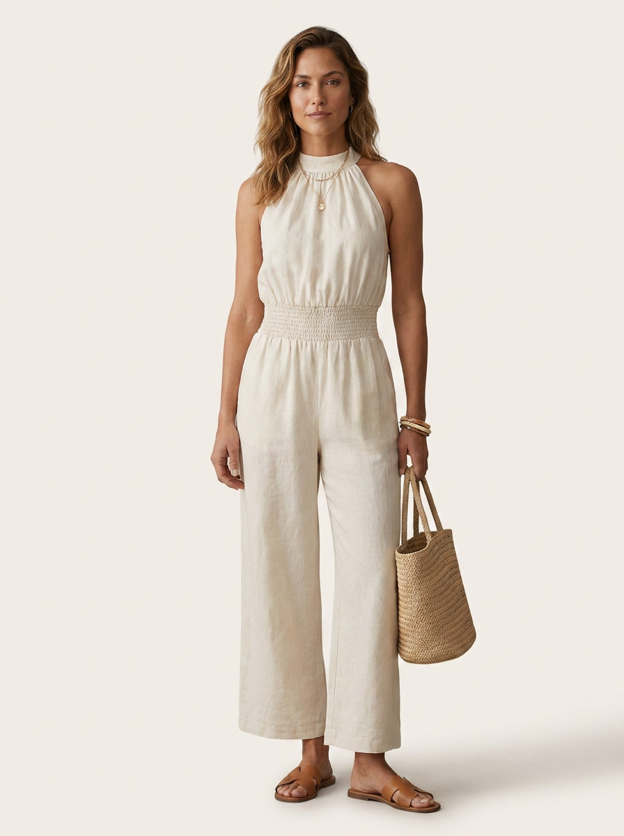 Halter Neck Wide-Leg Jumpsuit with Smocked High Waist in White, studio shot