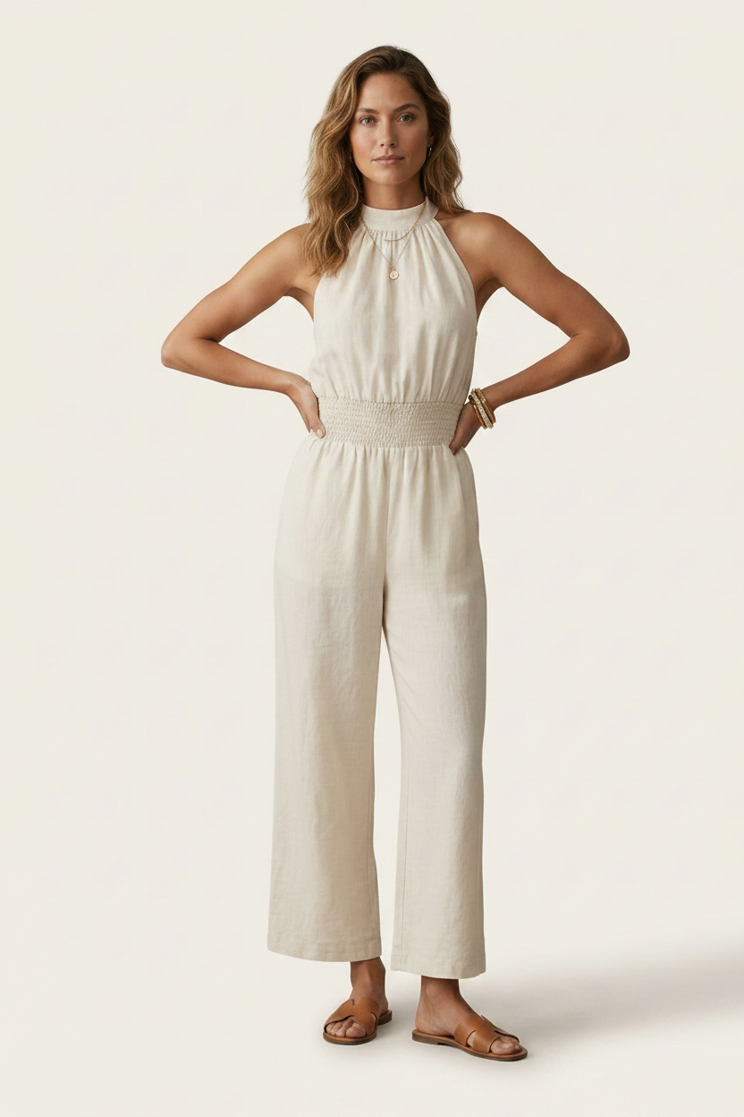A woman modeling a cream-colored sleeveless jumpsuit with a high neck, textured waistband, and wide cropped legs, paired with brown flat sandals against a solid off-white background.