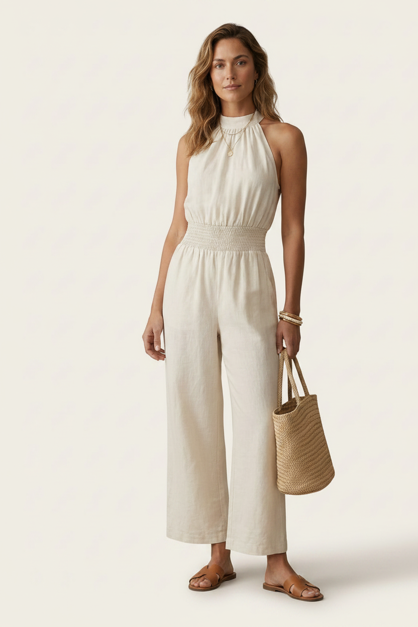 A woman models a sleeveless cream-colored wide-leg jumpsuit with a smocked waist, paired with brown flat sandals and a woven straw tote bag, set against a solid off-white studio background.