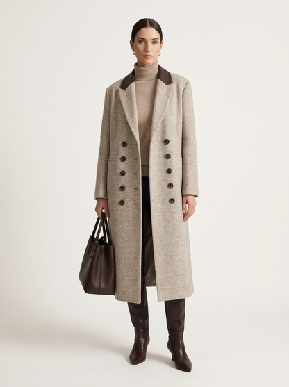 A model stands against a light beige studio background wearing a long double-breasted beige coat with dark brown lapels and buttons, a beige turtleneck, dark pants, brown knee-high boots, and holding a dark brown leather tote bag.