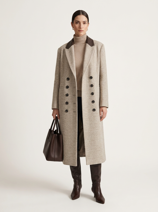 A model stands against a light beige studio background wearing a long double-breasted beige coat with dark brown lapels and buttons, a beige turtleneck, dark pants, brown knee-high boots, and holding a dark brown leather tote bag.