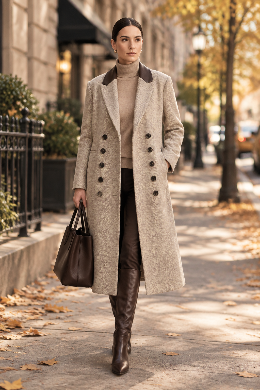 A woman walks on an autumn city sidewalk wearing a long beige double-breasted coat with dark brown collar accents, a beige turtleneck, dark brown pants, and tall brown leather boots, while carrying a dark brown tote bag.