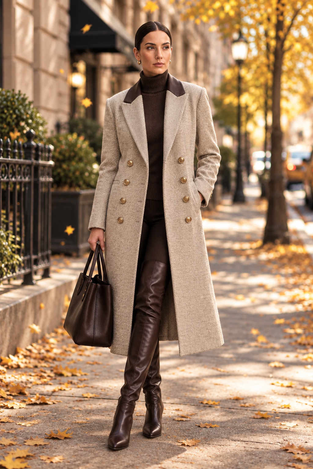 A woman stands on an autumn city sidewalk wearing a long beige double-breasted coat with dark brown contrast lapels and gold-tone buttons, a dark brown turtleneck, dark brown over-the-knee boots, and carrying a dark brown tote bag.