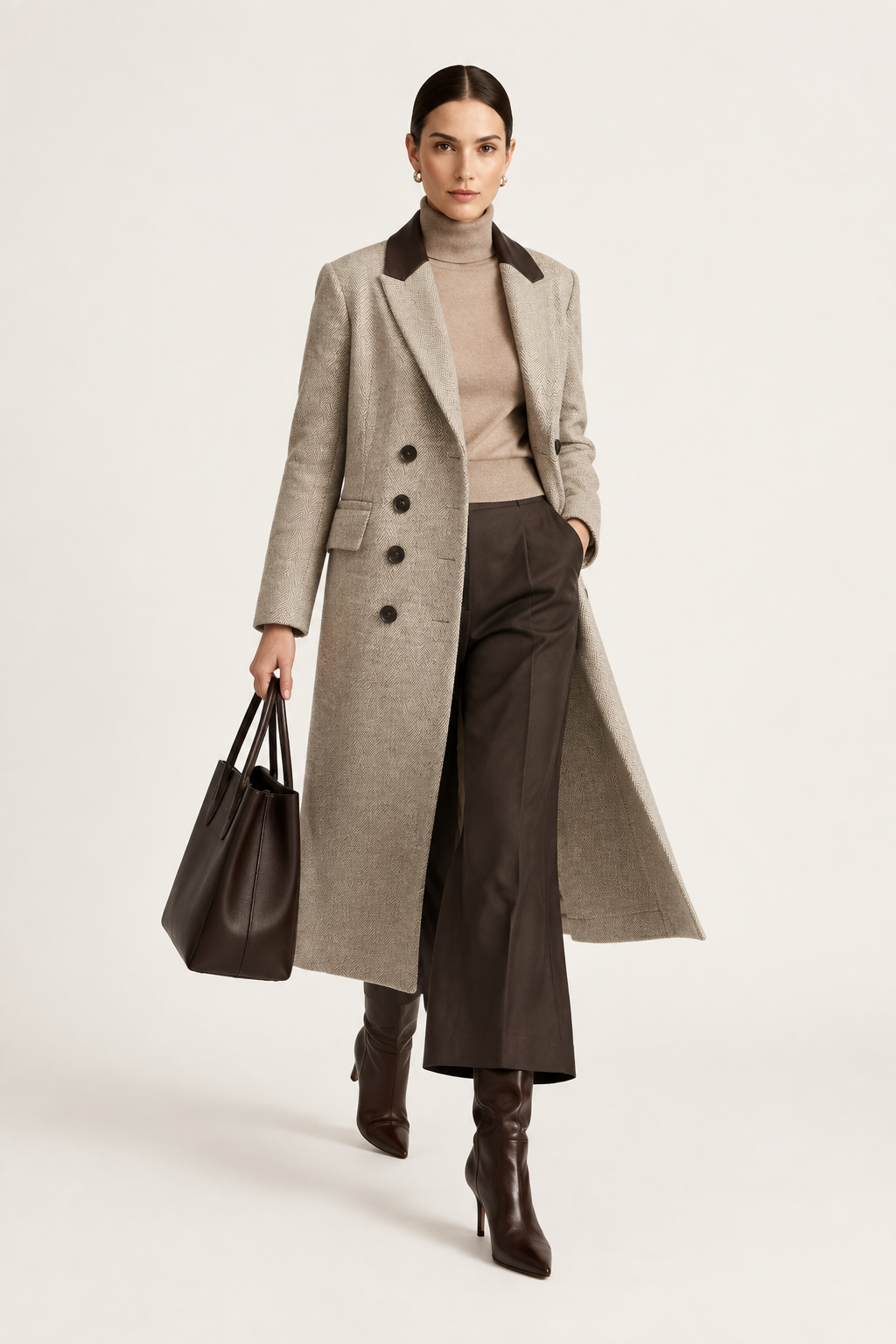 A model walks against a light gray studio background wearing a long beige double-breasted coat with dark brown lapels and buttons, a beige turtleneck, dark brown wide-leg cropped pants, dark brown heeled ankle boots, and carrying a dark brown tote bag.