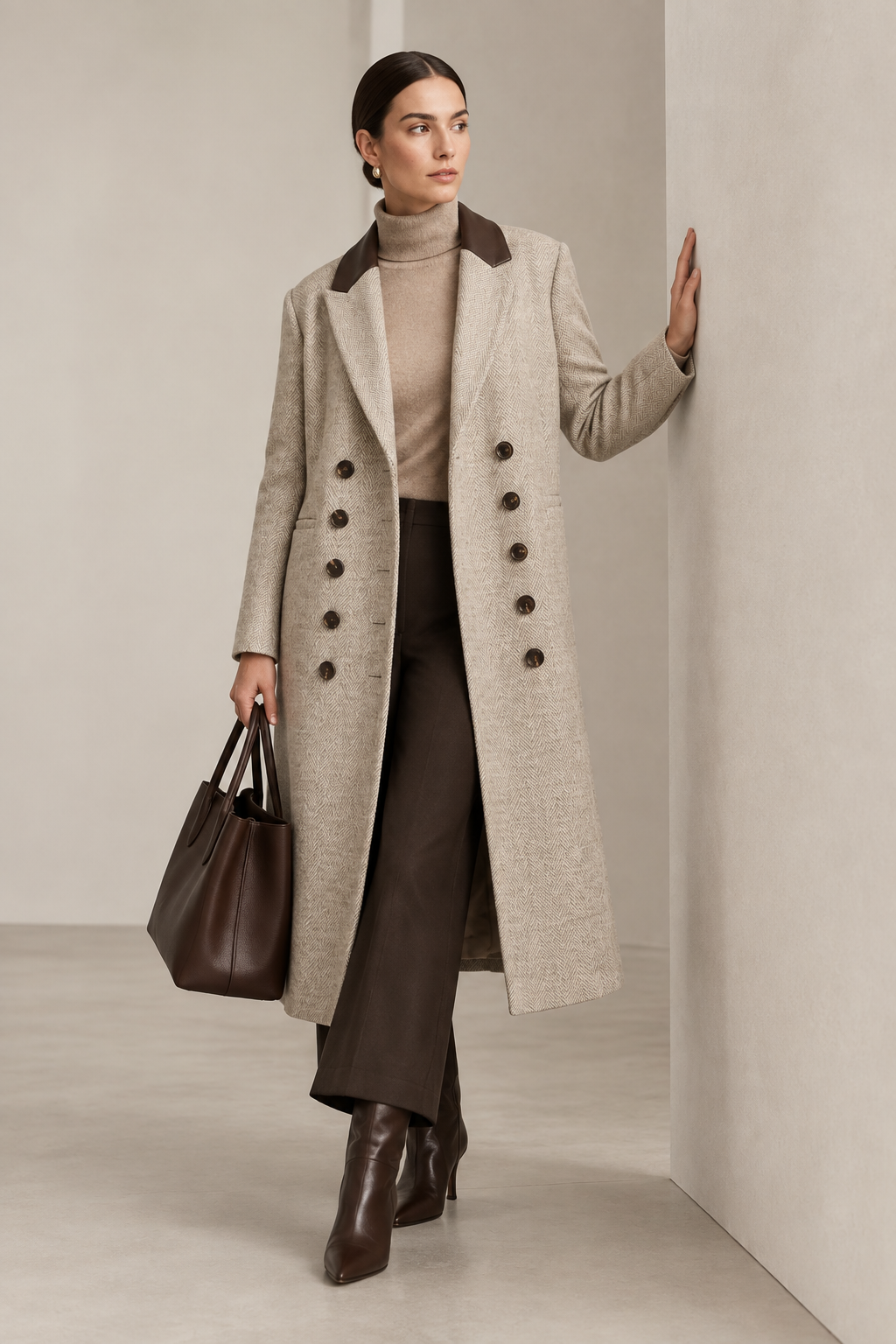 A woman stands in a minimalist studio wearing a long double-breasted oatmeal-beige coat with dark brown lapels and buttons, a beige turtleneck, dark brown wide-leg trousers, brown ankle boots, and carrying a dark brown tote bag.