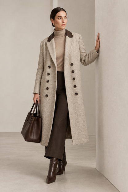 A woman stands in a minimalist studio wearing a long double-breasted oatmeal-beige coat with dark brown lapels and buttons, a beige turtleneck, dark brown wide-leg trousers, brown ankle boots, and carrying a dark brown tote bag.