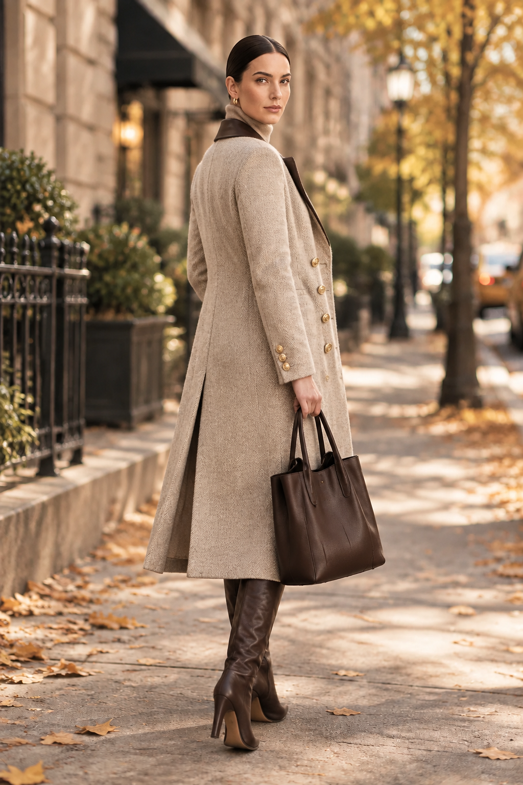 A woman stands on a city sidewalk wearing a long beige double-breasted coat with gold buttons, brown knee-high boots, and carrying a dark brown leather tote bag. The background shows a softly blurred urban street scene with trees and buildings.