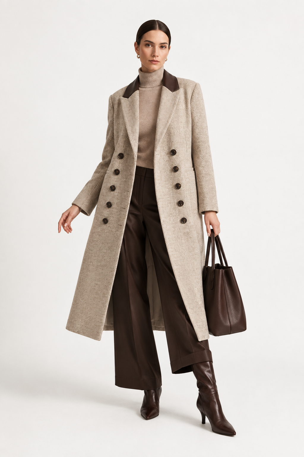 A model is shown wearing a long double-breasted beige coat with dark brown buttons and dark brown collar accents, paired with dark brown wide-leg trousers, a beige turtleneck, brown leather boots, and holding a dark brown leather tote bag against a plain white studio background.