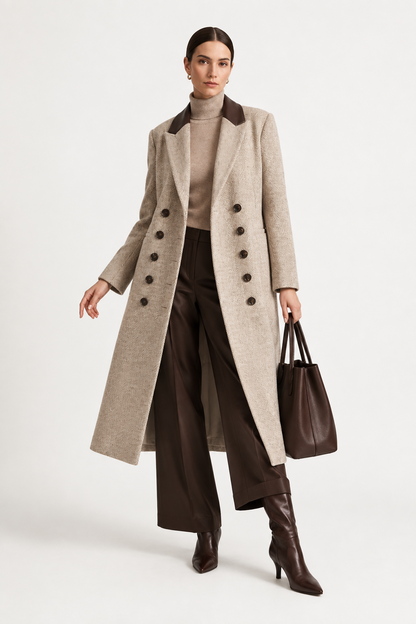 A model is shown wearing a long double-breasted beige coat with dark brown buttons and dark brown collar accents, paired with dark brown wide-leg trousers, a beige turtleneck, brown leather boots, and holding a dark brown leather tote bag against a plain white studio background.