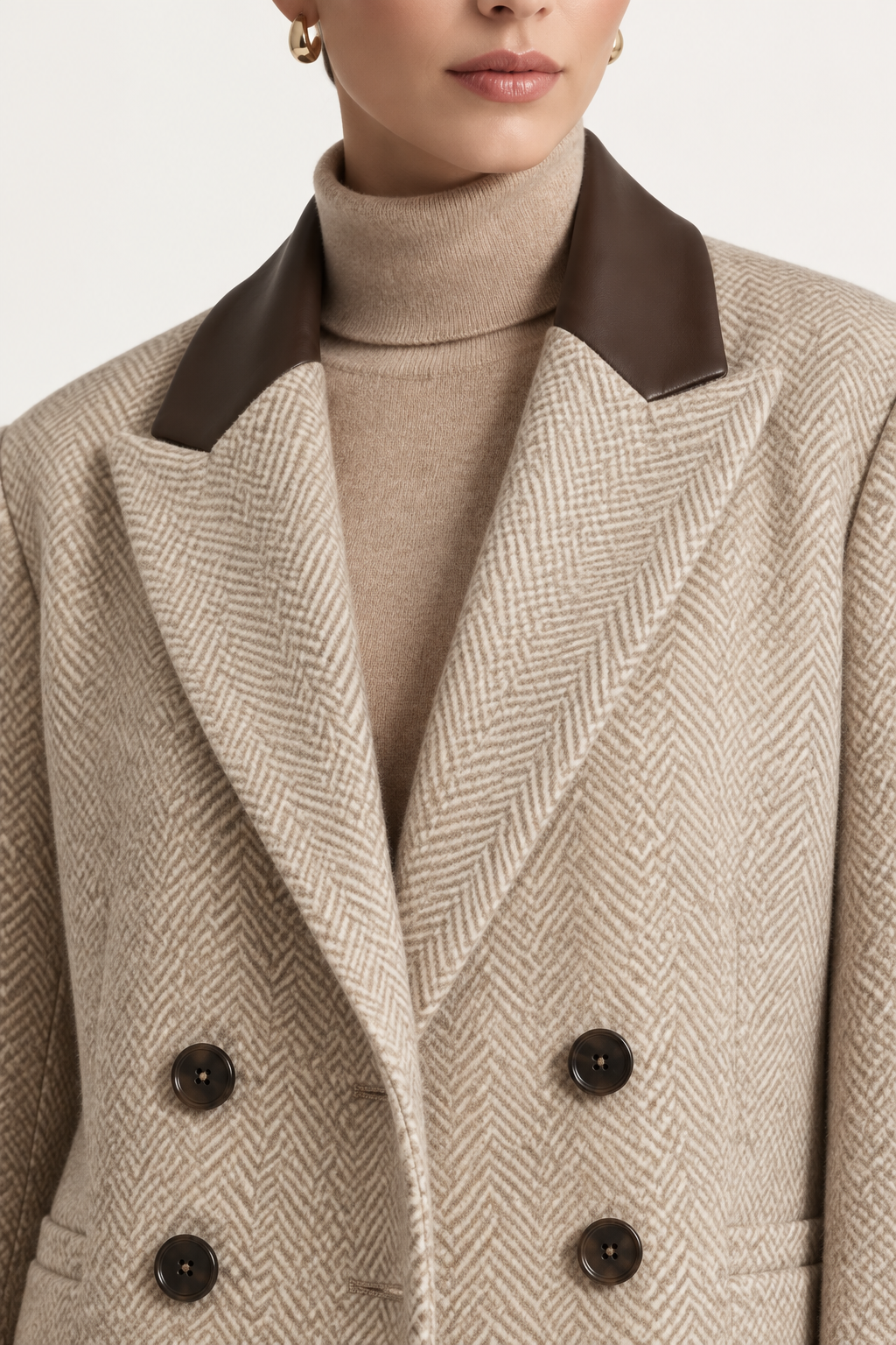 Close-up of a model wearing a beige herringbone double-breasted coat with dark brown lapels and dark brown buttons, layered over a beige turtleneck sweater.