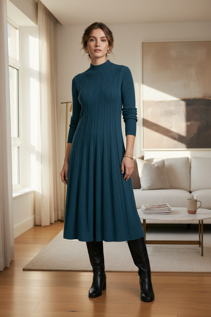 A woman modeling a teal blue cable-knit mock-neck midi dress with long sleeves and a flared skirt, paired with black knee-high leather boots, against a plain off-white studio background.
