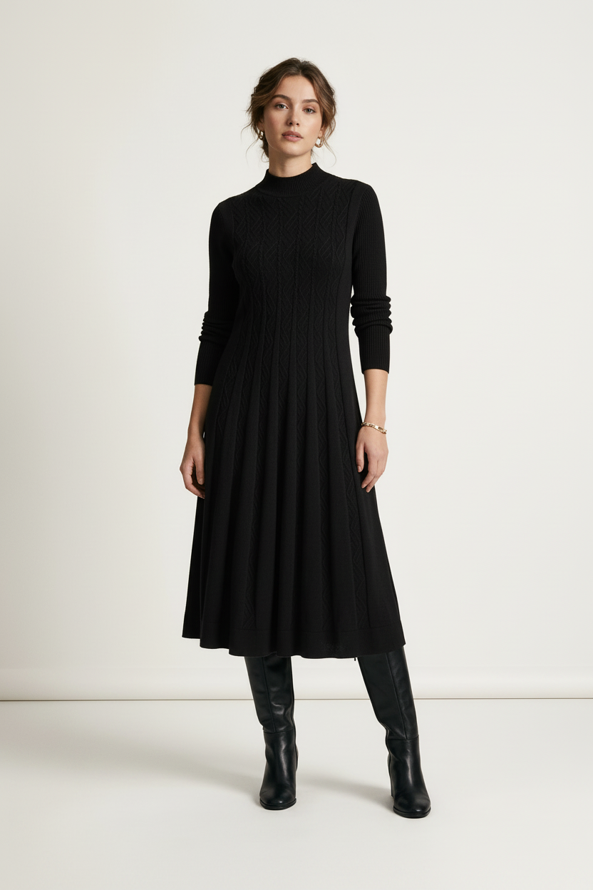 A woman modeling a teal blue cable-knit mock-neck midi dress with long sleeves and a flared skirt, paired with black knee-high leather boots, against a plain off-white studio background.