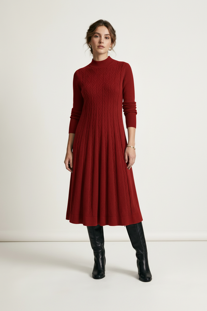 High Neck Cable Knit A-Line Midi Sweater Dress in Red, studio shot