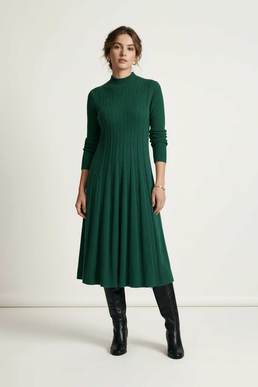 High Neck Cable Knit A-Line Midi Sweater Dress in Green, studio shot