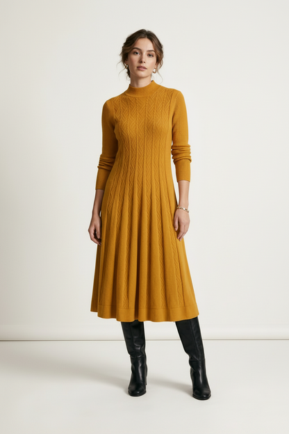 A woman modeling a teal blue cable-knit mock-neck midi dress with long sleeves and a flared skirt, paired with black knee-high leather boots, against a plain off-white studio background.