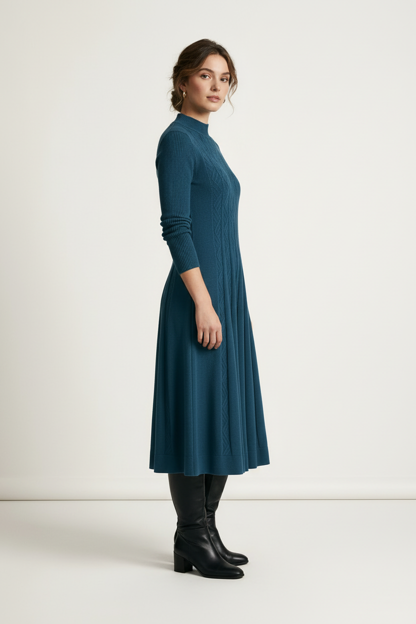 A woman modeling a teal blue cable-knit mock-neck midi dress with long sleeves and a flared skirt, paired with black knee-high leather boots, against a plain off-white studio background.