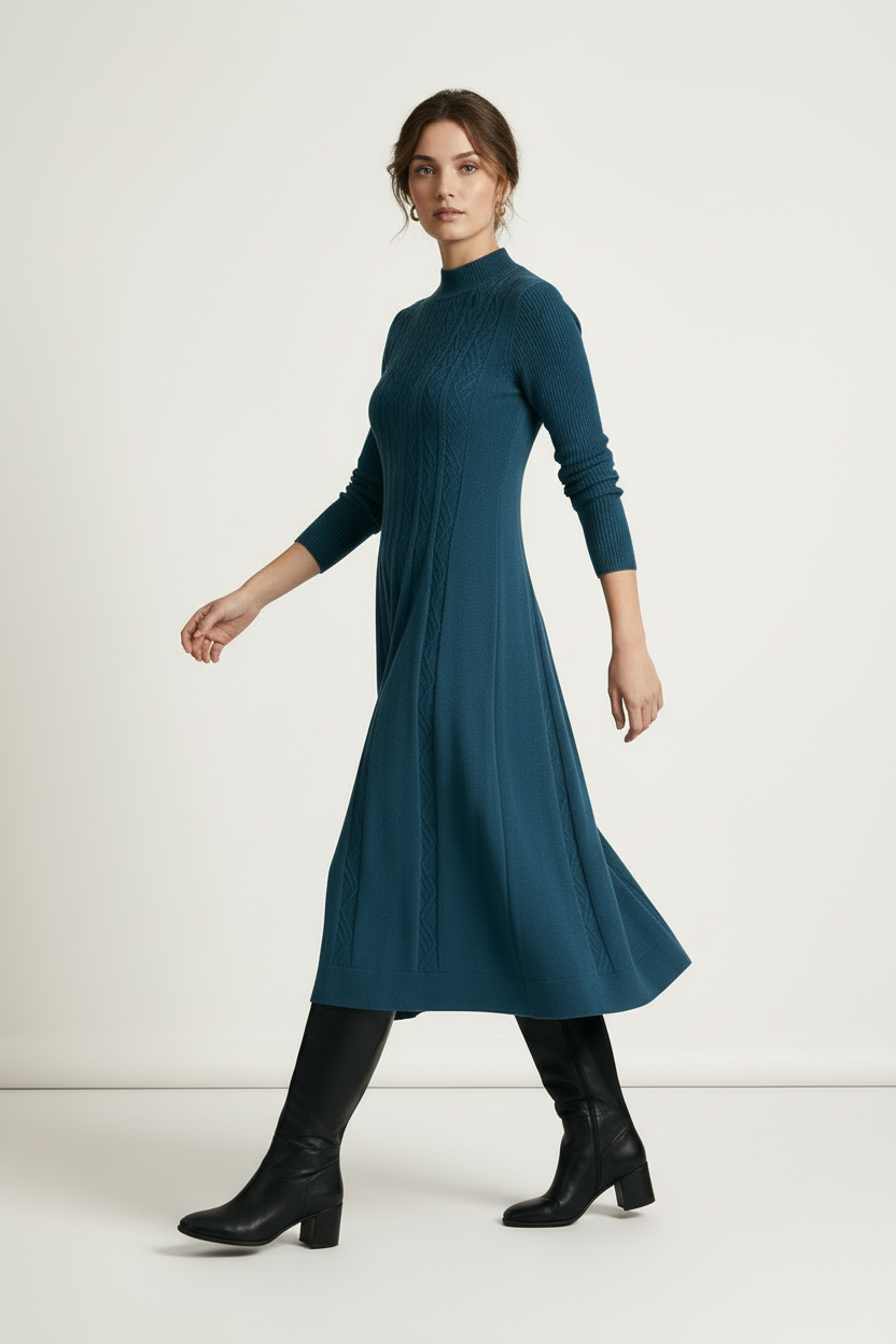 A woman modeling a teal blue ribbed knit midi dress with three-quarter sleeves, paired with black knee-high boots, against a plain off-white studio background.