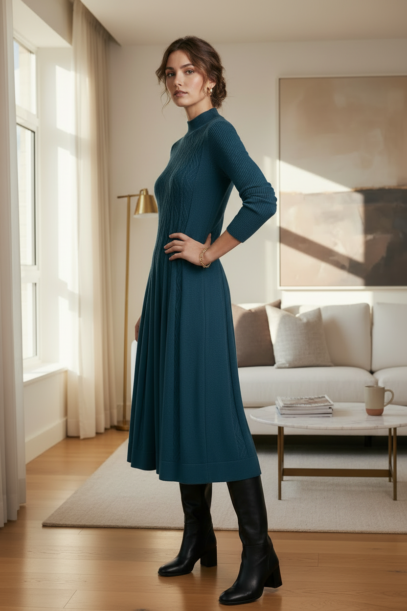 A woman stands in a bright living room wearing a teal cable-knit mock-neck long-sleeve dress with a flared skirt and black knee-high boots.