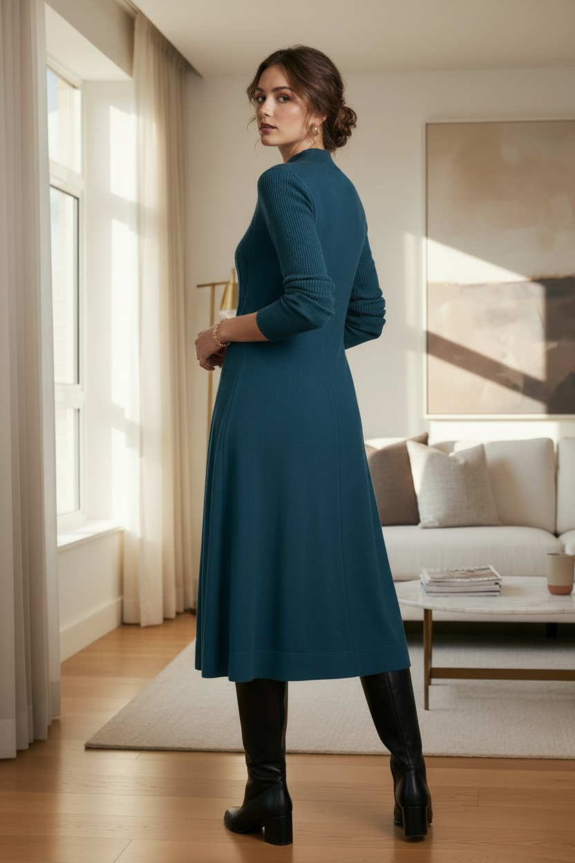 A woman stands in a bright living room wearing a teal cable-knit mock-neck long-sleeve dress with a flared skirt and black knee-high boots.