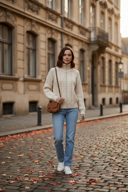 A woman walking on a cobblestone street in front of a historic beige building, wearing a cream cable-knit mock-neck sweater, light blue jeans, white sneakers, and carrying a brown leather crossbody bag.