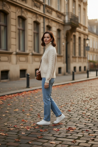 A woman stands on a cobblestone street in front of a beige building, wearing a cream cable-knit mock-neck sweater, light blue jeans, white sneakers, and carrying a brown shoulder bag.