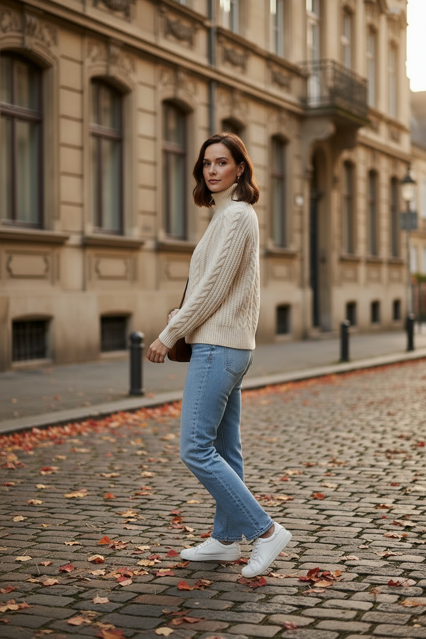 A woman stands on a cobblestone street in front of a historic beige building, wearing a cream cable-knit turtleneck sweater, light blue jeans, white sneakers, and carrying a dark brown shoulder bag.