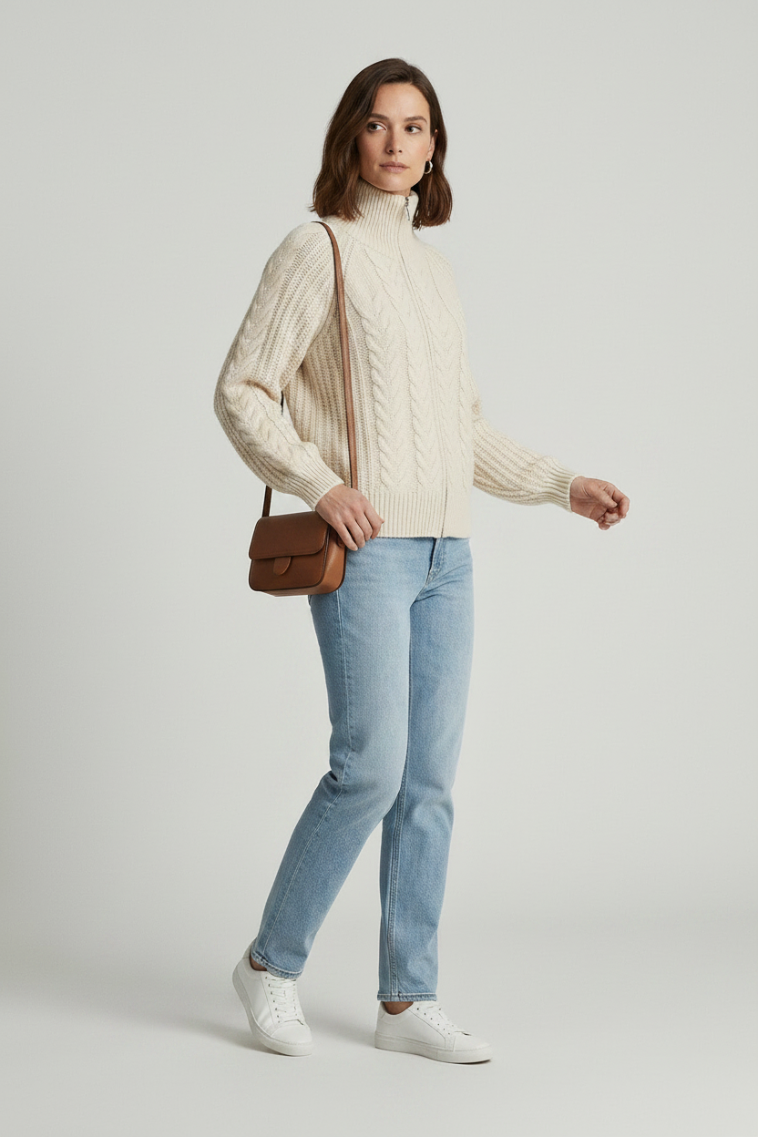 A woman stands against a light gray studio background wearing a cream cable-knit zip-front sweater, light blue jeans, white sneakers, and a small brown shoulder bag.