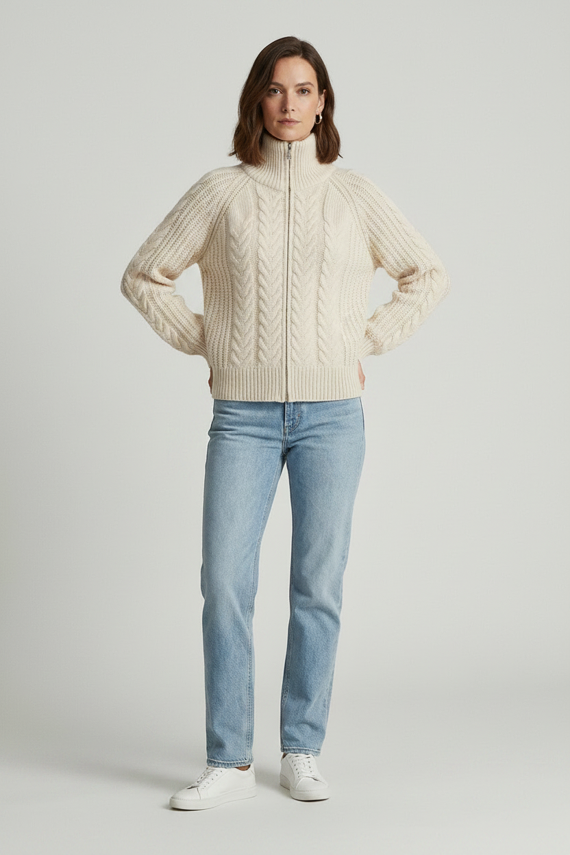 A woman modeling a cream cable-knit zip-up sweater with a mock neck, paired with light-wash blue jeans and white sneakers, against a light gray studio background.