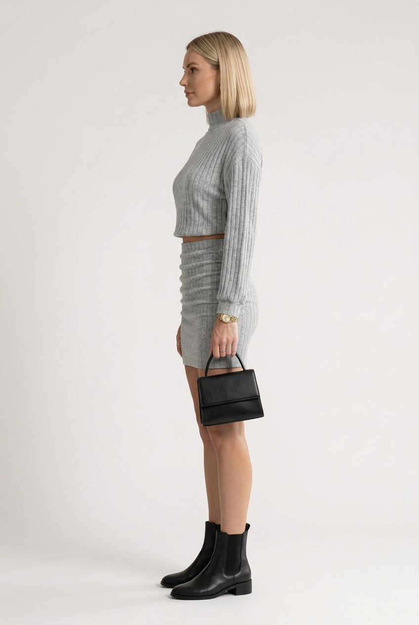 A woman models a light gray ribbed knit mock-neck long-sleeve top and matching pleated mini skirt set, styled with black ankle boots and a small black handbag against a plain light gray studio background.