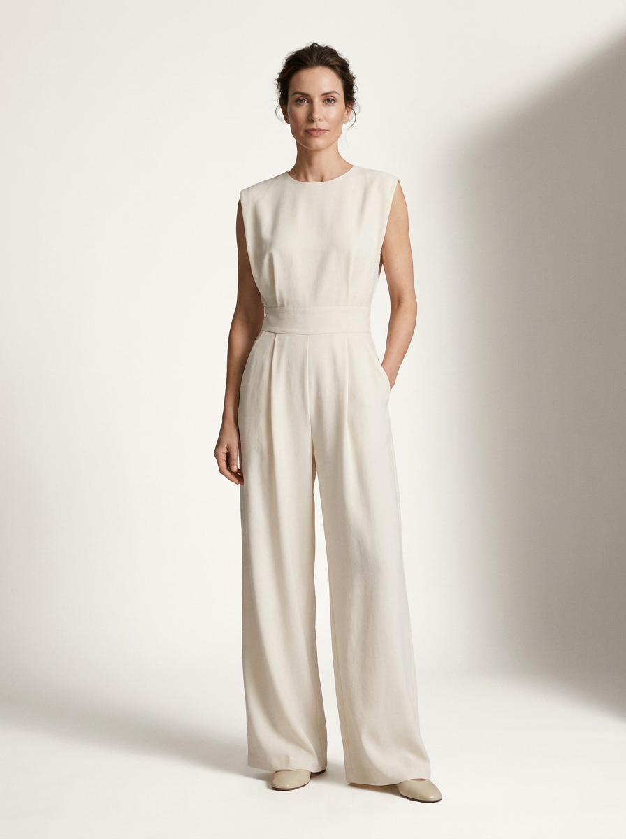 A woman modeling a sleeveless cream-colored wide-leg jumpsuit with a matching waistband, standing against a warm off-white studio background with soft shadows.