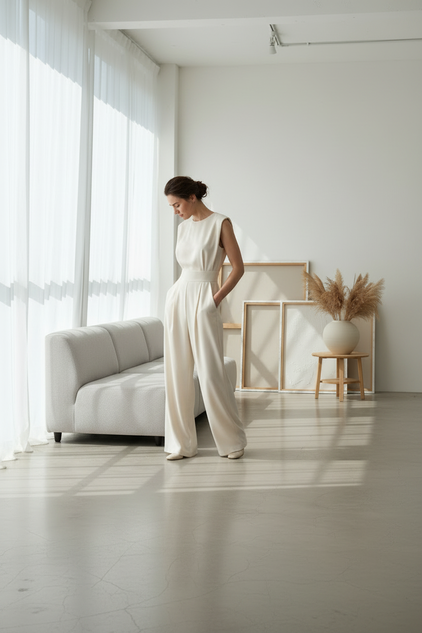 A woman stands in a bright, modern room wearing a sleeveless cream-colored wide-leg jumpsuit with a cinched waist. The room features a light gray sofa, sheer white curtains, and a minimalist wooden side table with a vase of dried pampas grass.