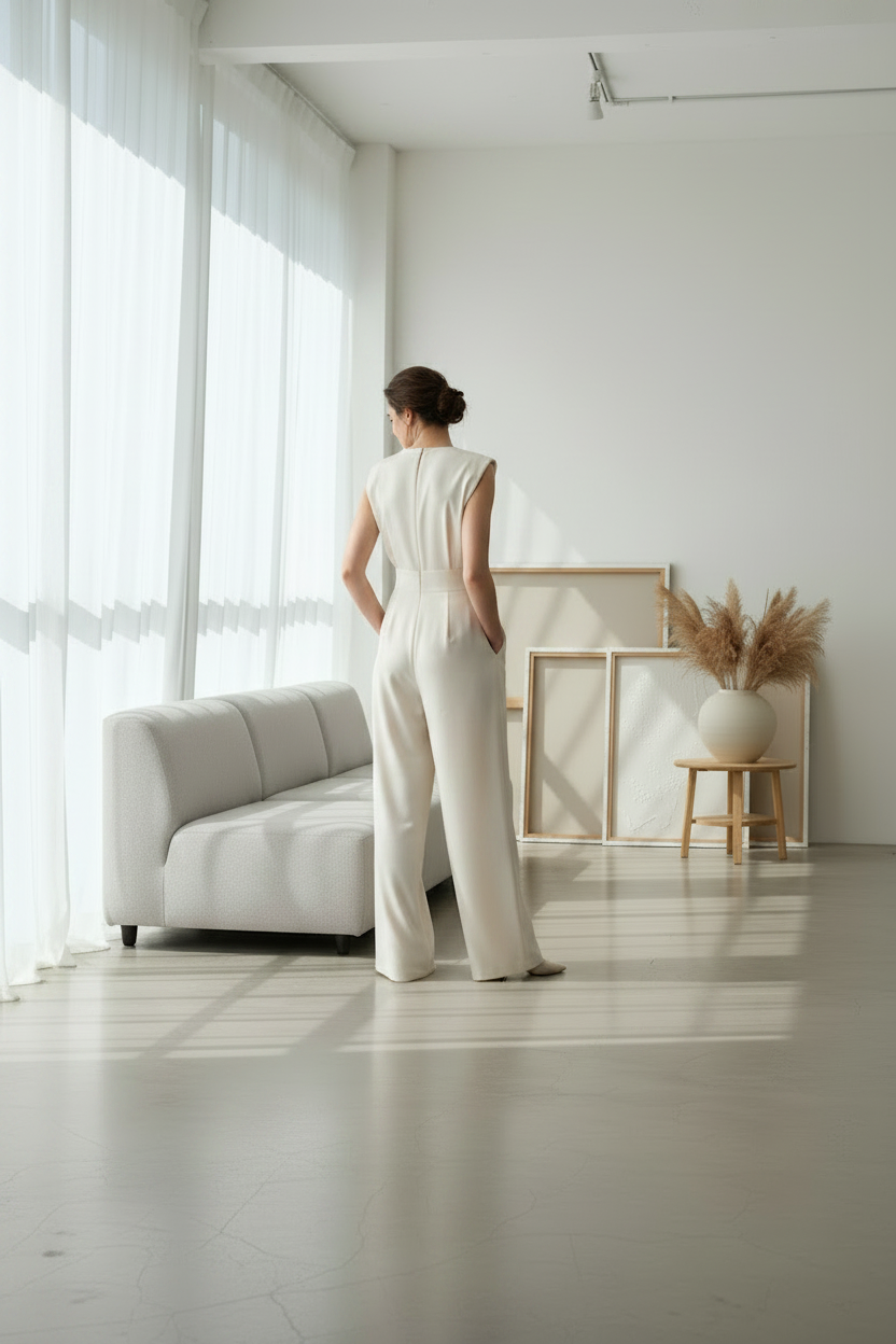 A woman wearing a sleeveless cream-colored wide-leg jumpsuit stands in a bright, modern minimalist room with a light gray sofa, sheer curtains, and a small wooden side table with a vase of pampas grass.