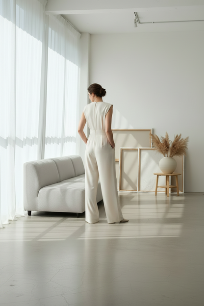A woman wearing a sleeveless cream-colored wide-leg jumpsuit stands in a bright, modern minimalist room with a light gray sofa, sheer curtains, and a small wooden side table with a vase of pampas grass.