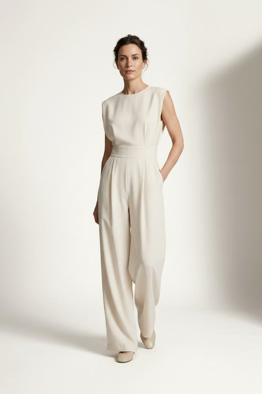 A woman modeling a sleeveless cream-colored wide-leg jumpsuit with a matching waistband, standing against a warm off-white studio background with soft shadows.