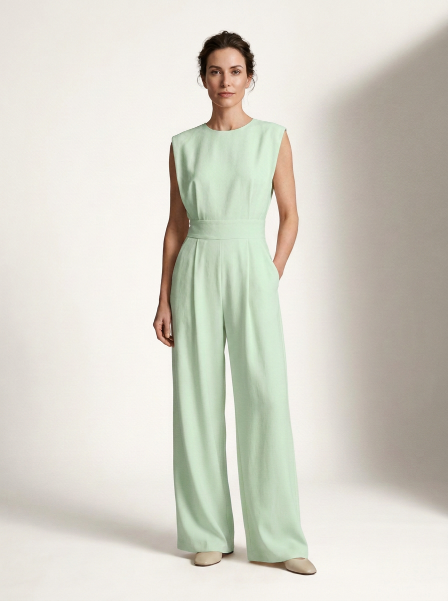 A woman modeling a sleeveless mint green wide-leg jumpsuit against a warm off-white studio background.