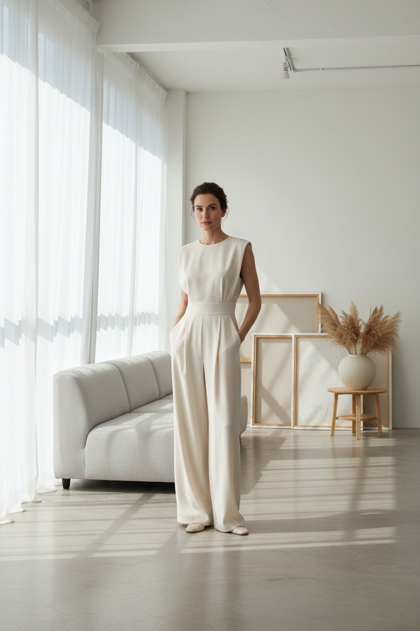 A woman modeling a sleeveless cream-colored wide-leg jumpsuit with a matching waistband, standing against a warm off-white studio background with soft shadows.