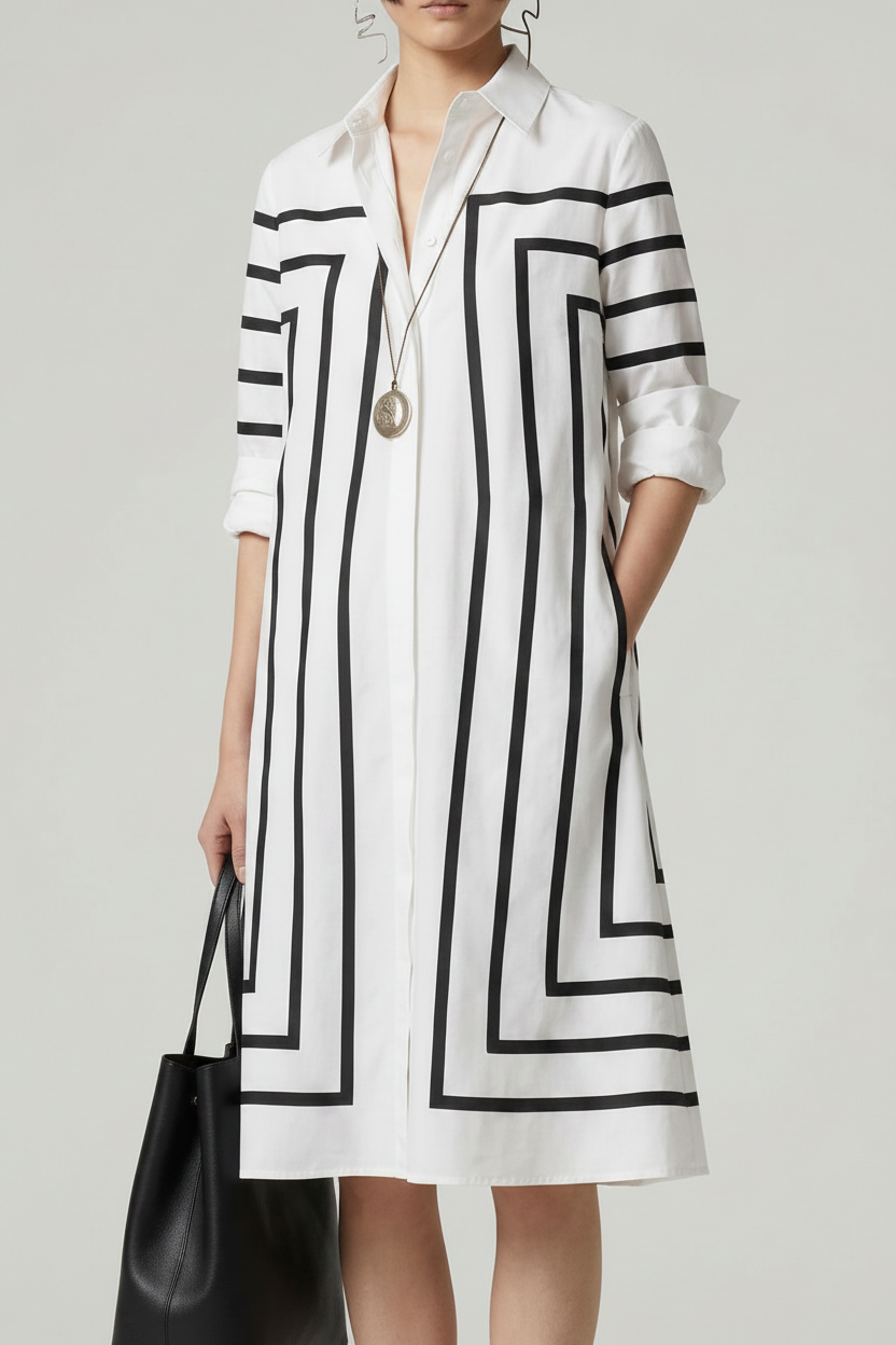 A model stands against a light gray studio background wearing a white long-sleeve shirt dress with bold black geometric stripe patterns. She is holding a black leather tote bag and wearing black strappy heels.