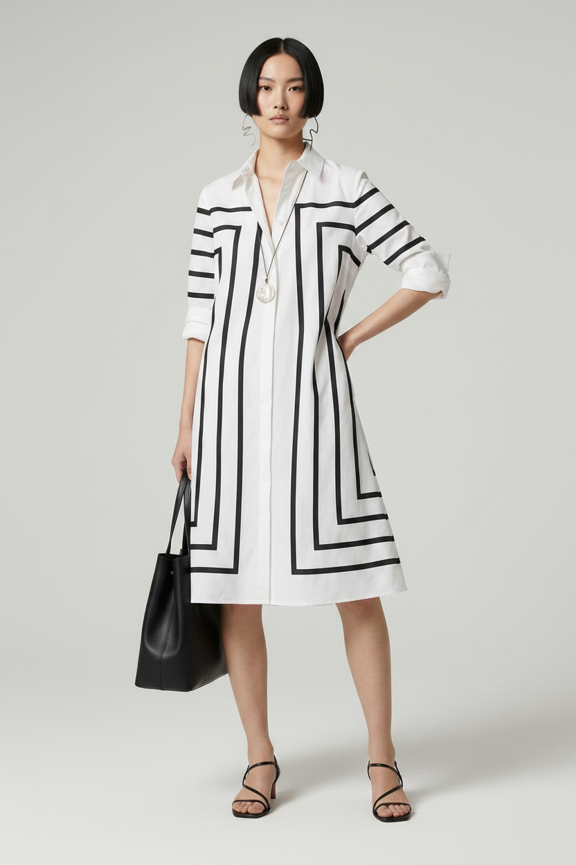 A model stands against a light gray studio background wearing a white long-sleeve shirt dress with bold black geometric stripe patterns. She is holding a black leather tote bag and wearing black strappy heels.