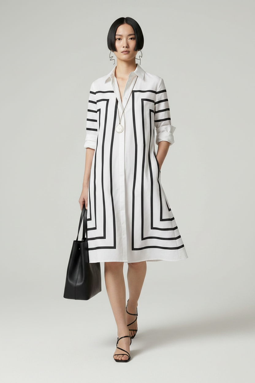 A model stands against a light gray studio background wearing a white long-sleeve shirt dress with bold black geometric stripe patterns. She is holding a black leather tote bag and wearing black strappy heels.