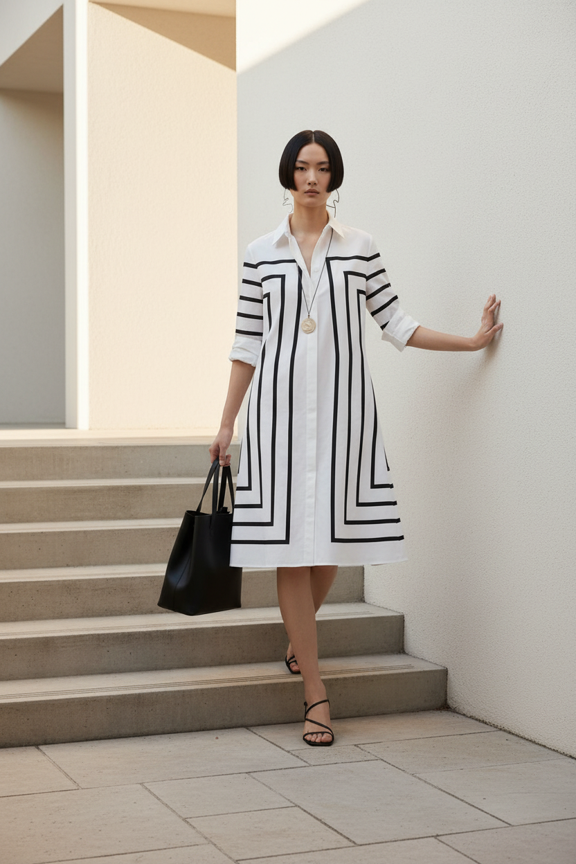 A woman with a short dark bob walks down concrete stairs wearing a white collared shirt dress with bold black geometric stripes, holding a black tote bag.