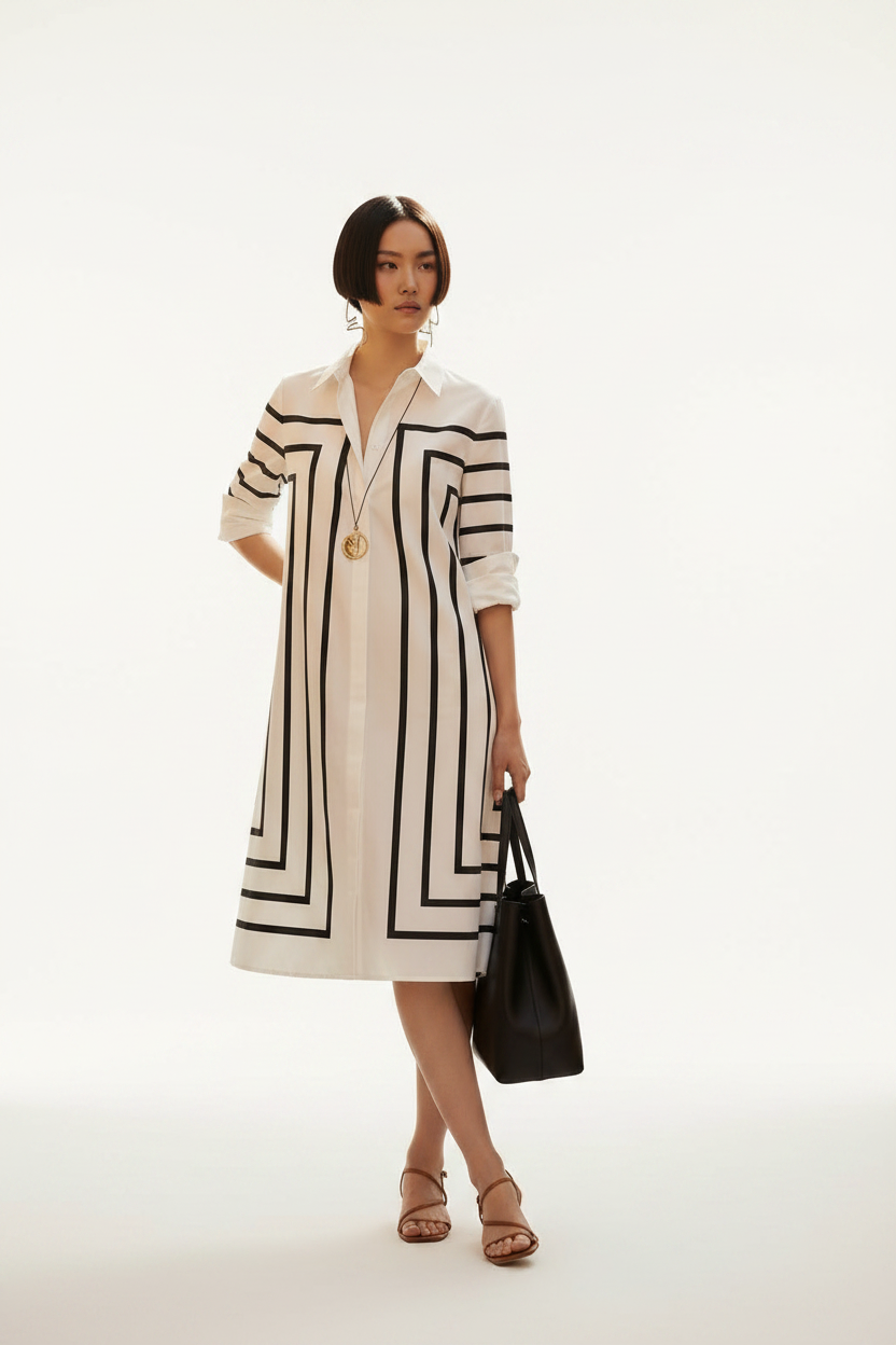 A woman stands in a sunlit stone alley wearing a white long-sleeve shirt dress with bold black geometric stripe patterns. She is holding a black tote bag and wearing beige strappy sandals, posing against a rustic stone wall.