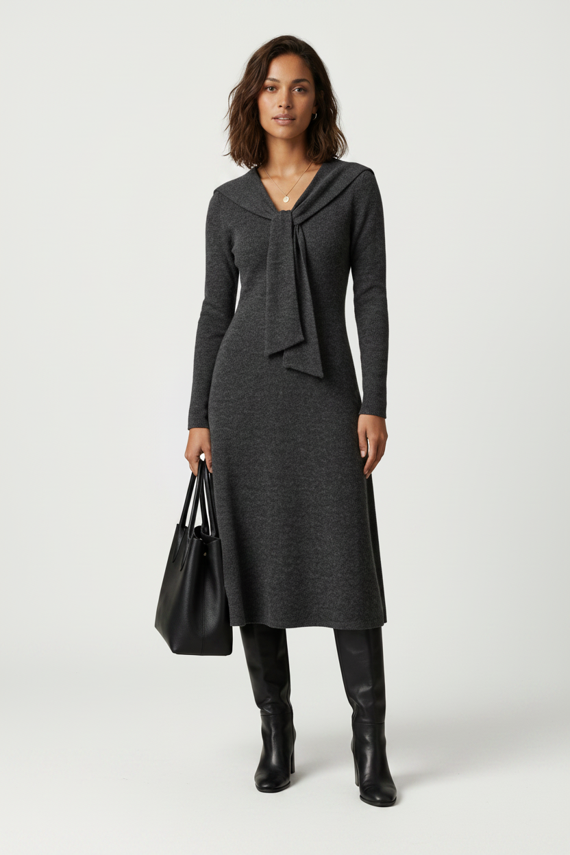 A woman stands against a light gray studio background wearing a dark charcoal gray long-sleeve knit dress with a draped tie detail at the neckline, black knee-high boots, and holding a black leather tote bag.