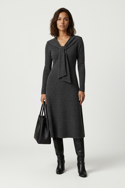 A woman stands against a light gray studio background wearing a dark charcoal gray long-sleeve knit dress with a draped tie detail at the neckline, black knee-high boots, and holding a black leather tote bag.