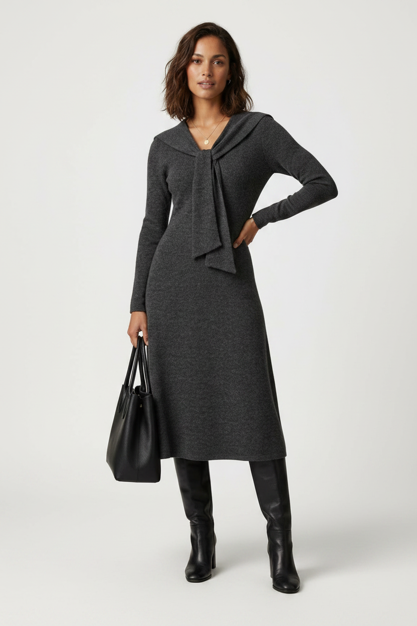 A woman stands against a textured gray studio backdrop wearing a dark charcoal gray knit long-sleeve dress with a large bow detail at the neckline, paired with black knee-high boots and holding a black tote bag.