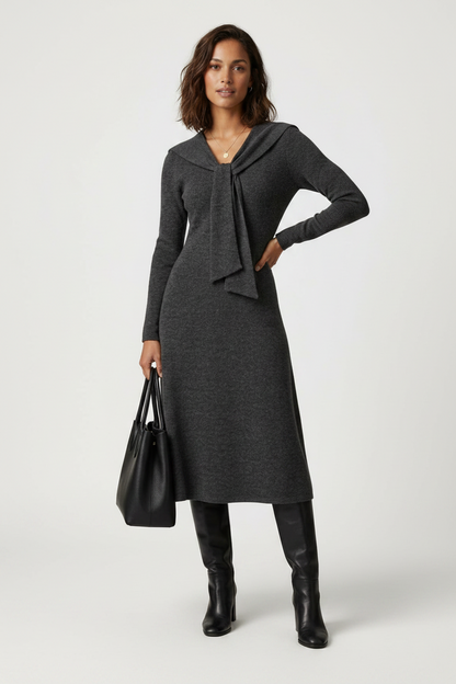 A woman stands against a textured gray studio backdrop wearing a dark charcoal gray knit long-sleeve dress with a large bow detail at the neckline, paired with black knee-high boots and holding a black tote bag.