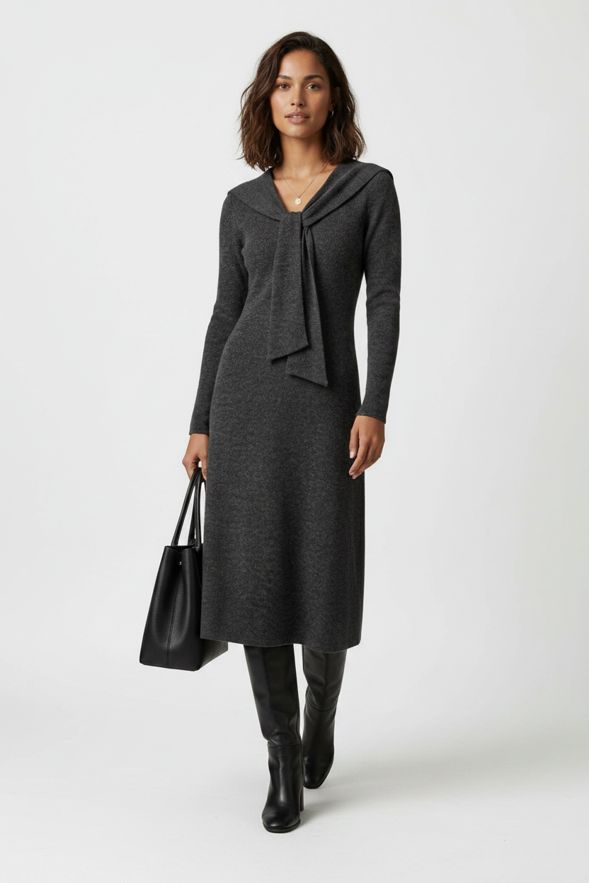 A woman stands against a textured gray studio backdrop wearing a dark charcoal gray knit long-sleeve dress with a large bow detail at the neckline, paired with black knee-high boots and holding a black tote bag.