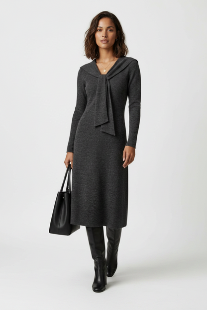A woman stands against a textured gray studio backdrop wearing a dark charcoal gray knit long-sleeve dress with a large bow detail at the neckline, paired with black knee-high boots and holding a black tote bag.